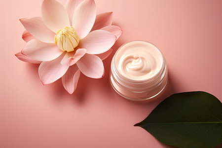 Pink cream bottle with beauty products lotus flower and leaves on pink background. Natural organic skin care. Cosmetology mock up, top viewの素材
