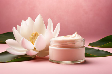 Pink cream bottle with beauty products lotus flower and leaves on pink background. Natural organic skin care. Cosmetology mock upの素材