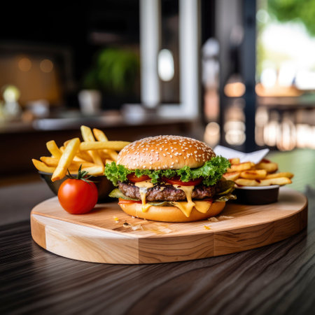 Hamburgers and French fries on the dark wooden tray.の素材