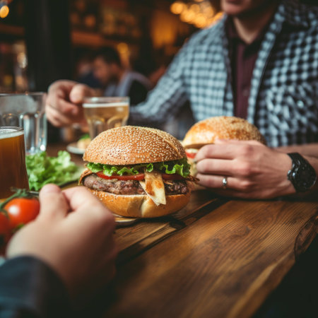 man's eating hamburger in fast food restaurant, unhealthy food conceptの素材