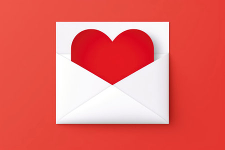 paper envelope with blank white note mockup inside and Valentines hearts on red background. Flat lay, top view. Romantic love letter for Valentine's day concept.の素材
