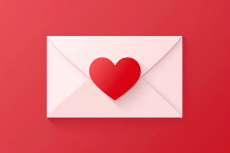 paper envelope with blank white note mockup inside and Valentines hearts on red background. Flat lay, top view. Romantic love letter for Valentine's day concept.の素材