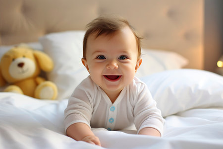 Little newborn baby boy smiling in crib under a white blanketの素材