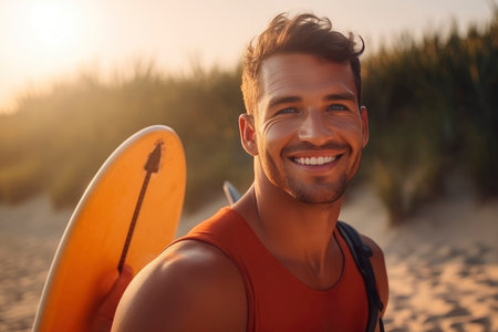 Portrait of beautiful bearded man holding sup board at sunset. Stand up paddle boarding outdoor active recreation in nature.の素材