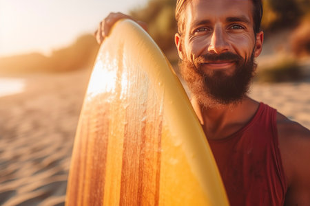 Portrait of beautiful bearded man holding sup board at sunset. Stand up paddle boarding outdoor active recreation in nature.の素材