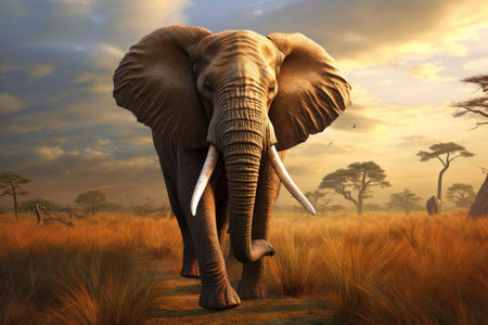 Closeup portrait elephant on blue sky background looking down at the cameraの素材
