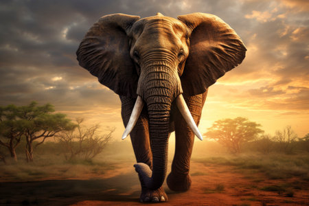 Closeup portrait elephant on blue sky background looking down at the cameraの素材