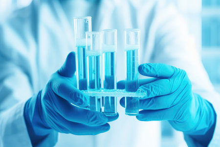 A doctor or laboratory assistant holds a glass tube with a sample of vaccines against the background of a laboratoryの素材