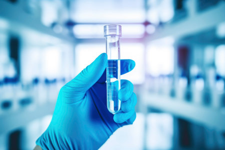 A doctor or laboratory assistant holds a glass tube with a sample of vaccines against the background of a laboratoryの素材