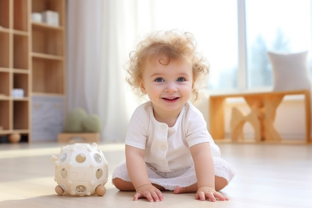 Cute baby girl playing with her toys at home on the floorの素材