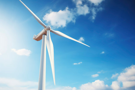 Close up view of wind farm or wind park, with high wind turbines for generation electricity with copy space. Green energy concept.の素材