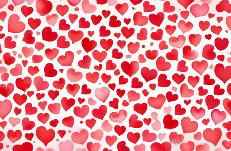 watercolor seamless pattern with pink and red hearts, cute love texture on white backgroundの素材