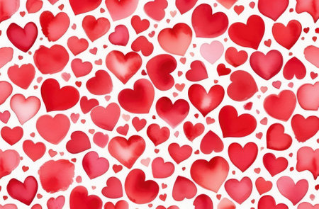 watercolor seamless pattern with pink and red hearts, cute love texture on white backgroundの素材
