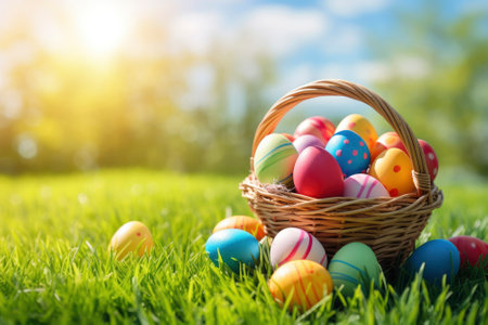 Basket with Easter eggs on the grass with sunlight. Happy Easter background with space for text.の素材