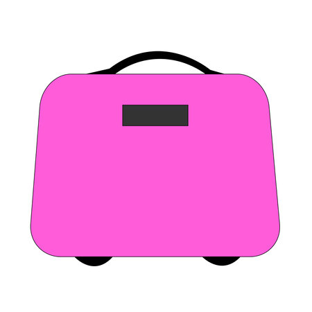 Pink wheeled travel bag with hand. Plastic travel suitcase isolated on white background.のイラスト素材