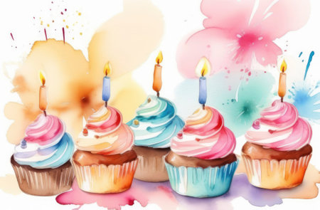 Happy birthday watercolor background. Birthday cupcakes with candles and copy space. Color illustrationの素材