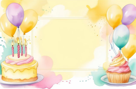 Happy birthday watercolor yellow background. Frame with cupcake and copy space. illustrationの素材