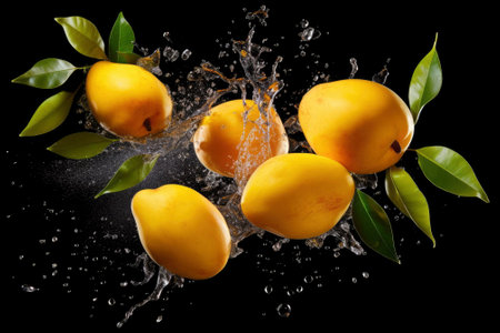 Flying ripe mango on black background. Food levitation. Fruit pattern backgroundの素材
