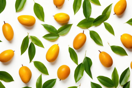 Flying ripe mango on white background. Food levitation. Fruit pattern backgroundの素材
