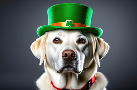 A Gold Retriever dog in St. Patrick's Day hat sits on a gray background with green clovers.の素材