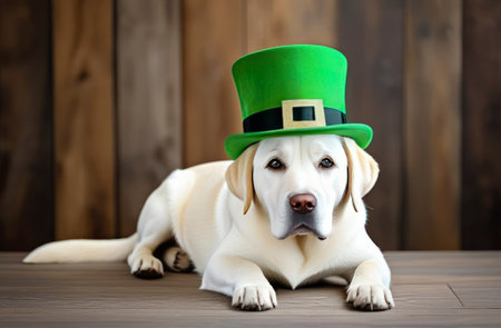 A Gold Retriever dog in St. Patrick's Day hat sits on a wood background with green clovers.の素材