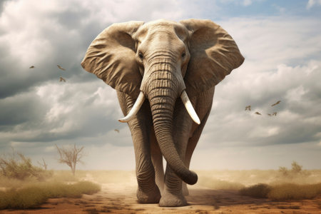 Closeup portrait elephant on blue sky background looking down at the cameraの素材