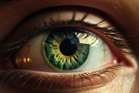 Beautiful green woman eye close up. Female eye with long eyelashesの素材