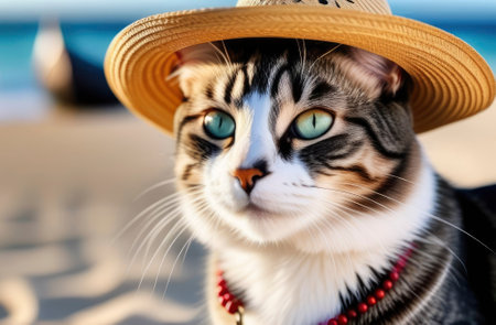 Cat wearing summer hat relaxing sitting on deckchair in the sea background.Backgroundの素材