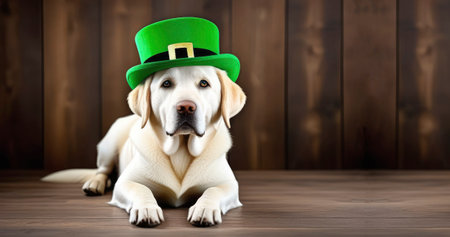 Banner a Gold Retriever dog in St. Patrick's Day hat sits on a wood background with green clovers with copy space for textの素材
