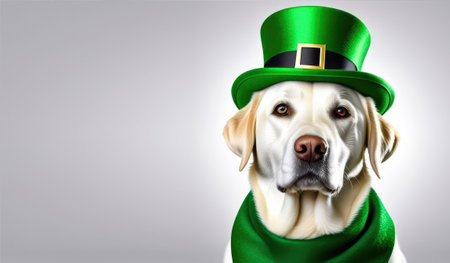 Banner a Gold Retriever dog in St. Patrick's Day hat sits on a gray background with green clovers with copy space for textの素材