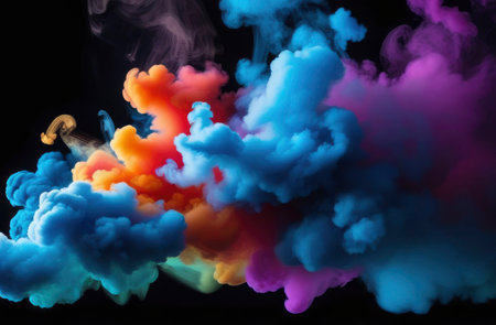 colorful smoke against black background close up, modern art background.の素材