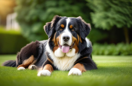 Beautiful happy Bernese Mountain dog puppy lying in the grassの素材