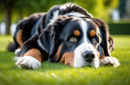 Beautiful cute brown Bernese Mountain dog puppy lying in the grassの素材