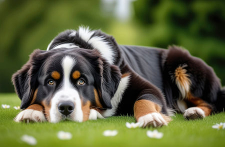 Beautiful happy Bernese Mountain dog puppy lying in the grassの素材