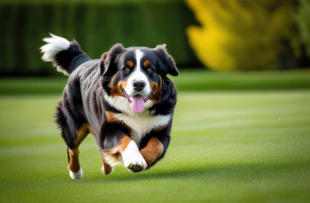Beautiful cute brown Bernese Mountain dog puppy running in the grassの素材