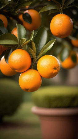 Summer citrus vertical background. Orange fruit tree gardenの素材