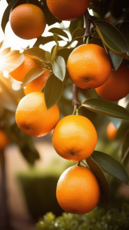 Summer citrus vertical background. Orange fruit tree gardenの素材