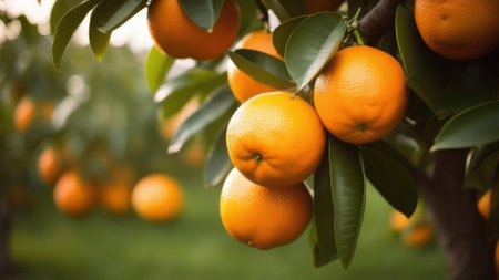 Summer citrus background. Orange fruit tree gardenの素材