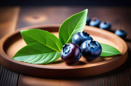 Fresh ripe blueberries in a bowl stand on the wood table backgroundの素材