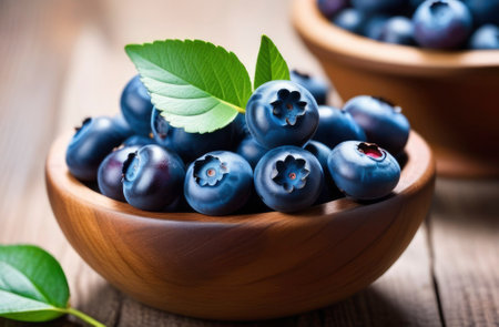 Fresh ripe blueberries in a bowl stand on the wood table backgroundの素材