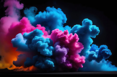 colorful smoke against black background close up, modern art background.の素材