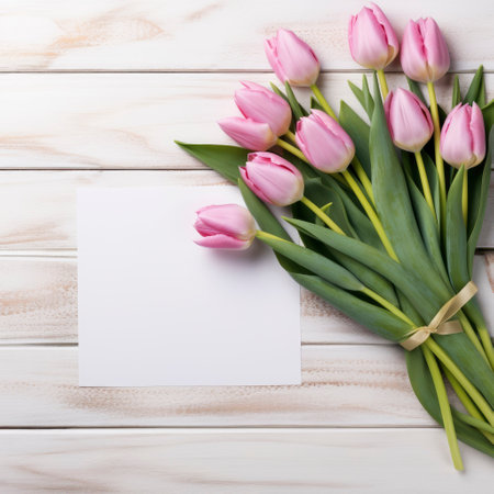 Colorful tulips on wooden table. Top view with copy spaceの素材