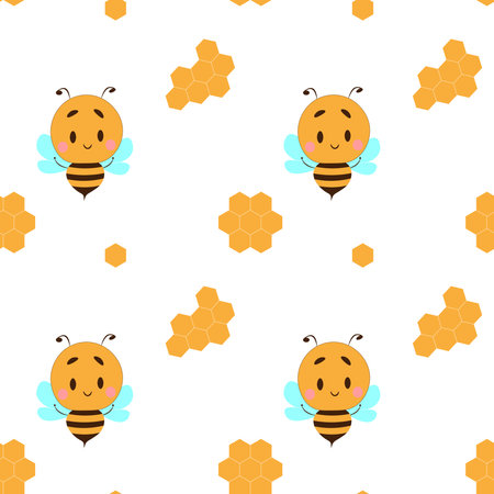 pattern of honeycomb and bee icon on white background. flat style. honey comb sign.のイラスト素材