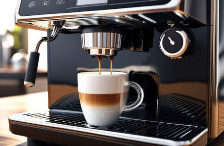 Close-up shot of espresso pouring from a coffee machine into a cup of coffee. Professional coffee preparation, coffee cream with patternの素材
