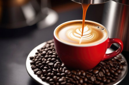 Close-up shot of espresso pouring from a coffee machine into a red cup of coffee. Professional coffee preparation, coffee cream with patternの素材