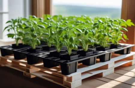 A woman's gloved hands planted seedlings of tomatoes, basil peppers against the backdrop of a garden bed. The concept of organic food, farmer's vegetables and health.の素材