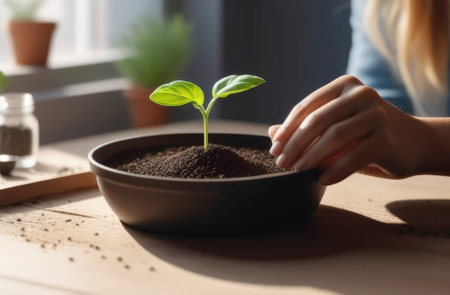 Tomatoes seedlings on a gray background. Young tomato pepper basilic sprouts in pots. The concept of organic food, farmer's vegetables and health.の素材