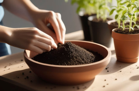 Tomatoes seedlings on a gray background. Young tomato pepper basilic sprouts in pots. The concept of organic food, farmer's vegetables and health.の素材