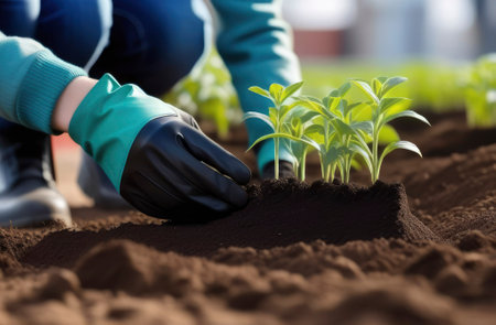 A woman's gloved hands planted seedlings of tomatoes, basil peppers against the backdrop of a garden bed. The concept of organic food, farmer's vegetables and health.の素材