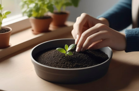 Tomatoes seedlings on a gray background. Young tomato pepper basilic sprouts in pots. The concept of organic food, farmer's vegetables and health.の素材